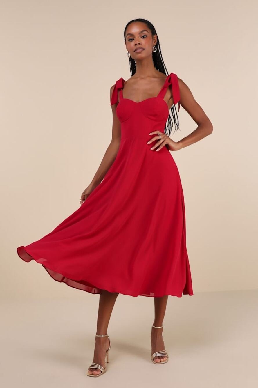 NWT Lulus Sophisticated Charisma Berry Red Tie-Strap A-Line Midi Dress Size M